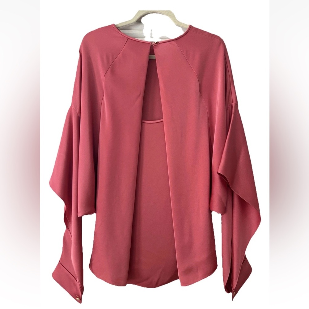 St. John Liquid Satin Blouse with Dramatic  Sleeves Crystal Buttons Coral Large - Picture 7 of 16